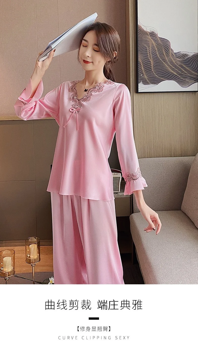 Women's Silk Pajamas 2pcs Homewear Suit Summer Trumpet Long Sleeve V-neck Tops Loose Sleepwear Trousers Pajamas for Women Pjs