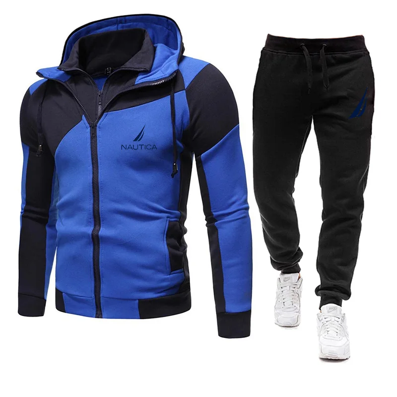 Brand New Nautica Autumn and Winter Fashion Jacket Set Men's Printed Casual Double Zipper Handsome Jogging Fitness Sportswear