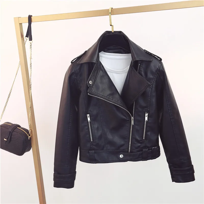 Leather Women's Spring and Autumn New Women's Lapel Short Slim Pu Motorcycle Jacket Jacket Jacket Jacket