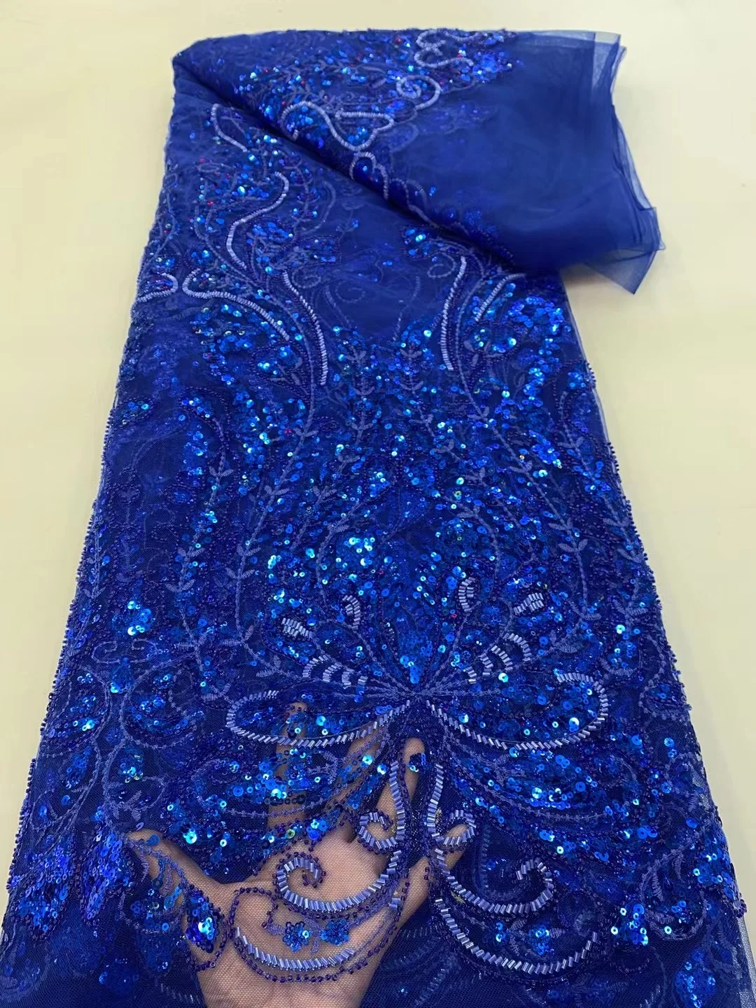 

Luxury Royal Blue Handmade Beaded 5 Yards Lace Fabric French High Quality Luxury Sequins Nigeria Latest Embroidery Wedding Dress