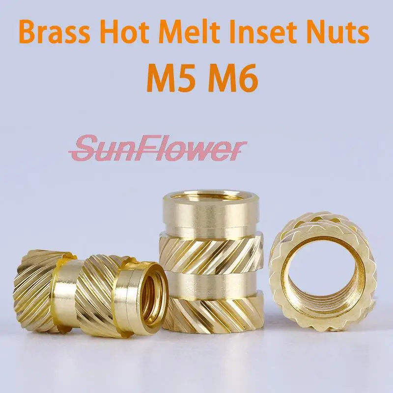 

Brass Hot Melt Inset Nuts Heating Molding Copper Thread Inserts Nut SL-type Double Twill Knurled Injection Brass Nut M5M6 20Pcs