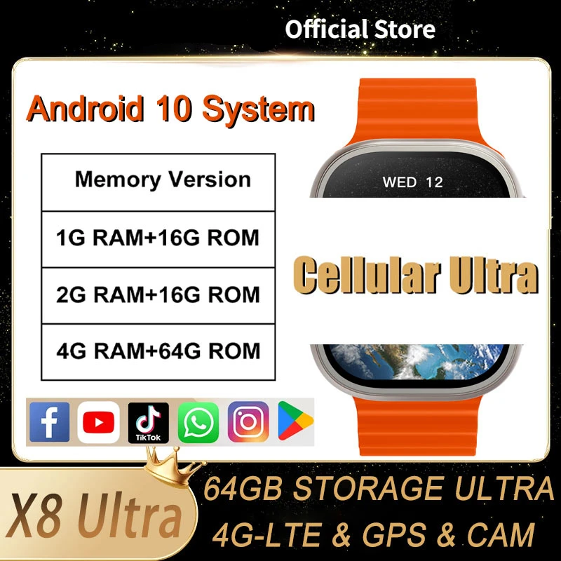 

X8 Ultra Smart Watch 4G-LTE Wifi 4GB RAM 64GB ROM 2.02" Call GPS S8 Ultra Compass Sports Series 8 Women Sim Card Smartwatch Men