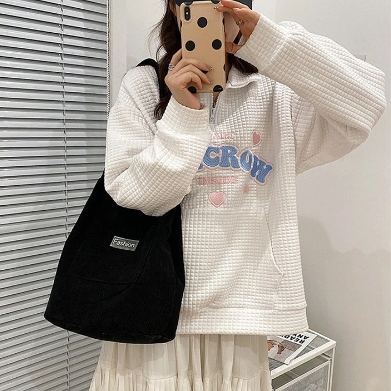 

Large Capacity Corduroy Shoulder Bag for Women Solid Color Tote Shopping Bag 2023 Casual Student School Bag Versatile Handbag