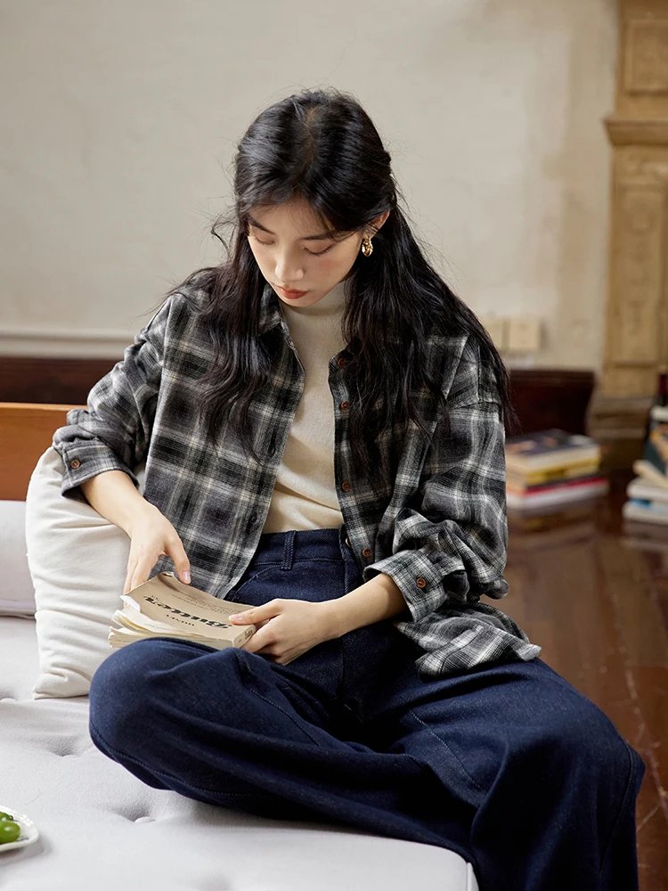 Supmwos Французские сложенные клетчатые утолщенные рубашки с начесом женская