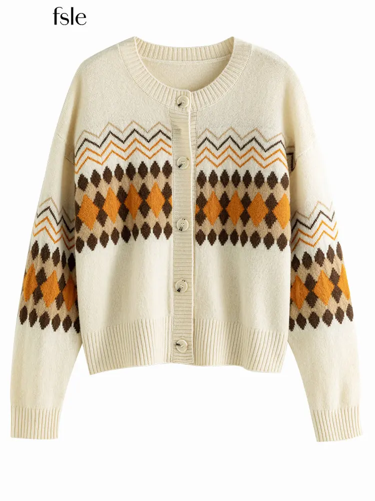 

FSLE Argyle Print Women Cropped Knit Cardigans 2022 Winter 100% Wool Round Neck Commuter Drop Sleeve Warm Women Sweaters