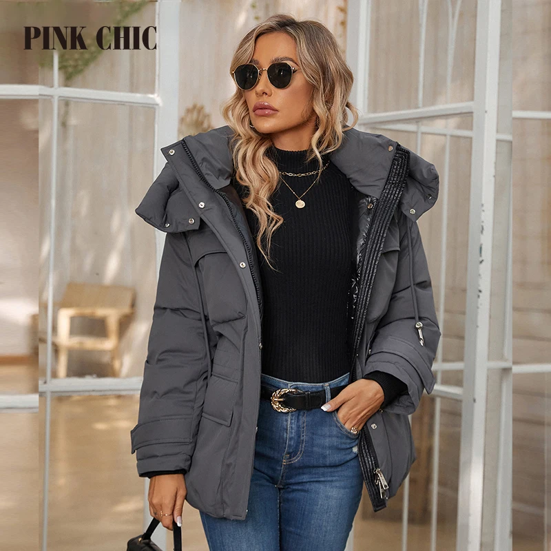 PINK CHIC 2023 Winter Short Coats Women Warm Hooded Padded Female Outwear Solid Slim Casual Down Jacket Women's Parkas 8249