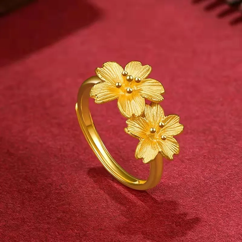 

Soild 18K Gold Color Vintage Double Flower Ring for Women Bride Adjustable Wedding Engagement Pure Gold Rings Fine Jewelry Gifts