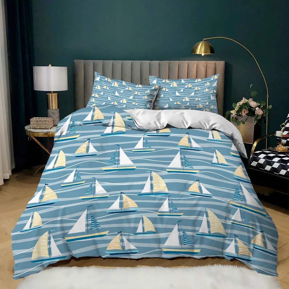 

Duvet Cover 3D Printed Blue Fashion Home Textile with Pillowcases for Kids Boys Girls Bedroom Decor Gifting Cartoon Sailing Boat