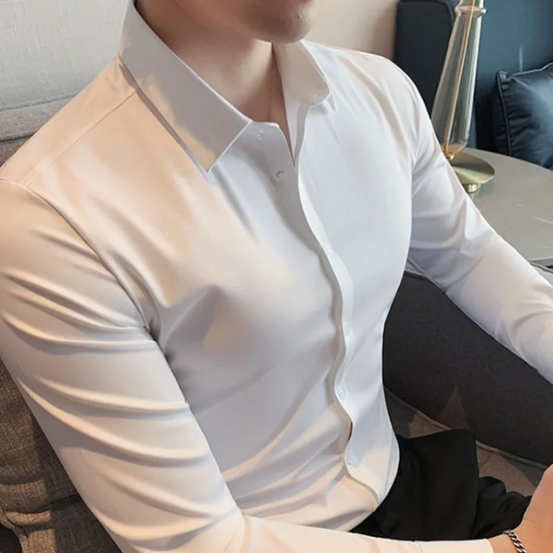 

2022 New Autumn Business Stretch Anti-Wrinkle Men's Shirts Long Sleeve Casual Slim Fit Social Business Solid color Blouse Luxury