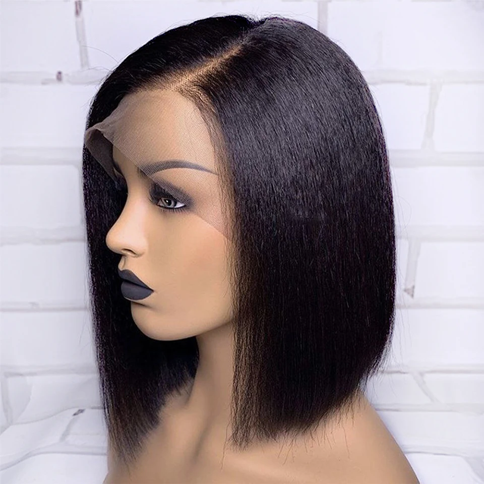 Soft Yaki Synthetic 180 Density Blunt Short Bob Kinky Straight Natural Black 13X6Lace Front Wig For Women Babyhair Daily Cosplay