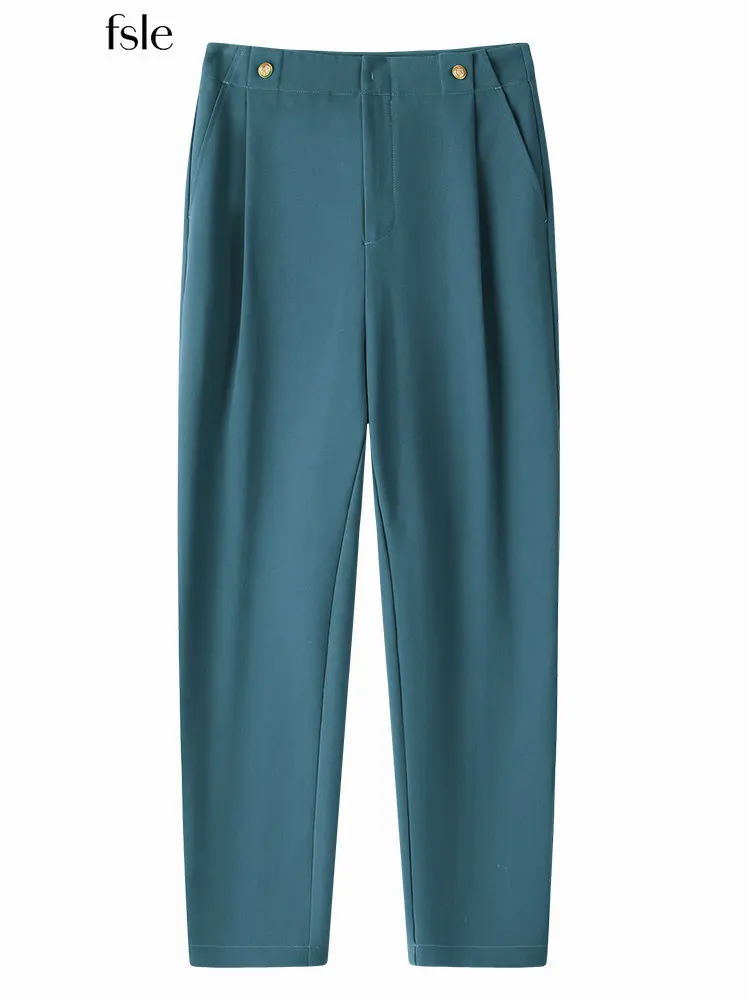 

Женские черные зауженные брюки FSLE, драпированные брюки, укороченный однотонный костюм с высокой талией, плиссированные брюки с украшением ...