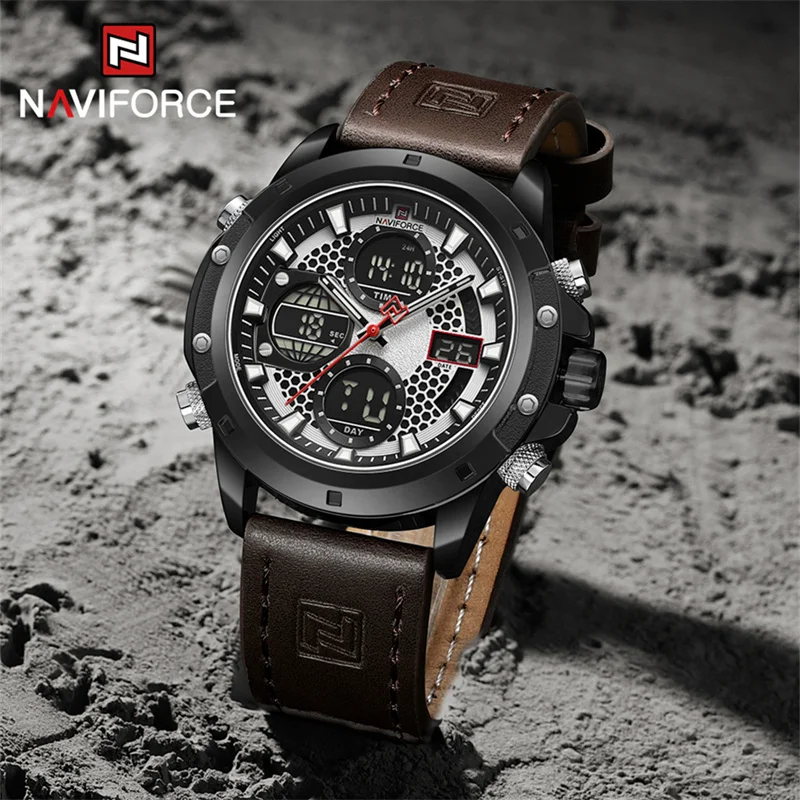 NAVIFORCE мужские часы спортивный кожаный браслет двойные водонепроницаемые