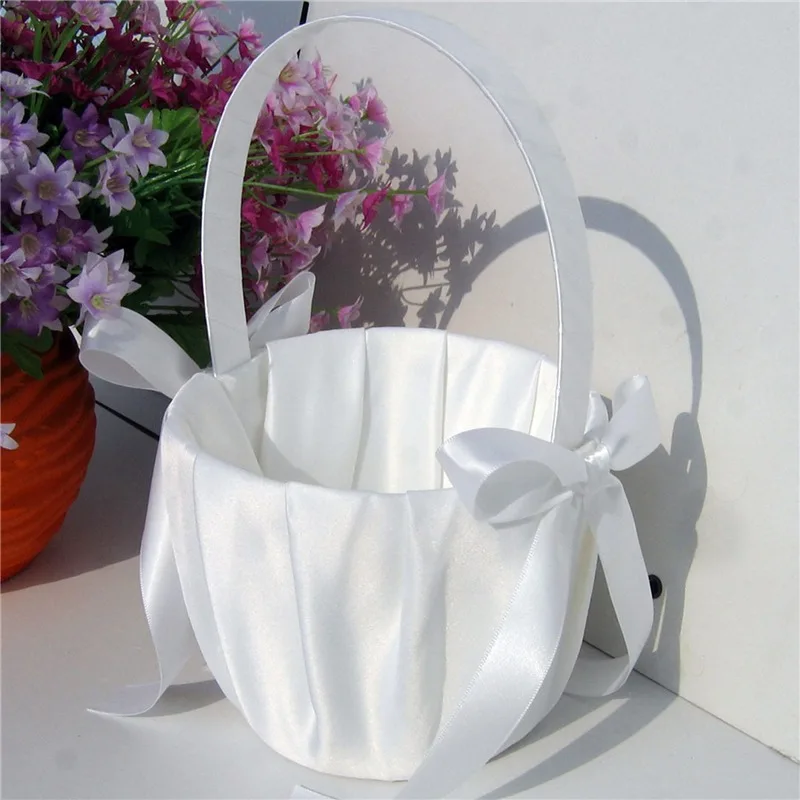 

Wedding Flower Basket White Satin Bow Pearl Petal Storage Container Flower Girl Basket White Flower Basket Wedding Party Decor