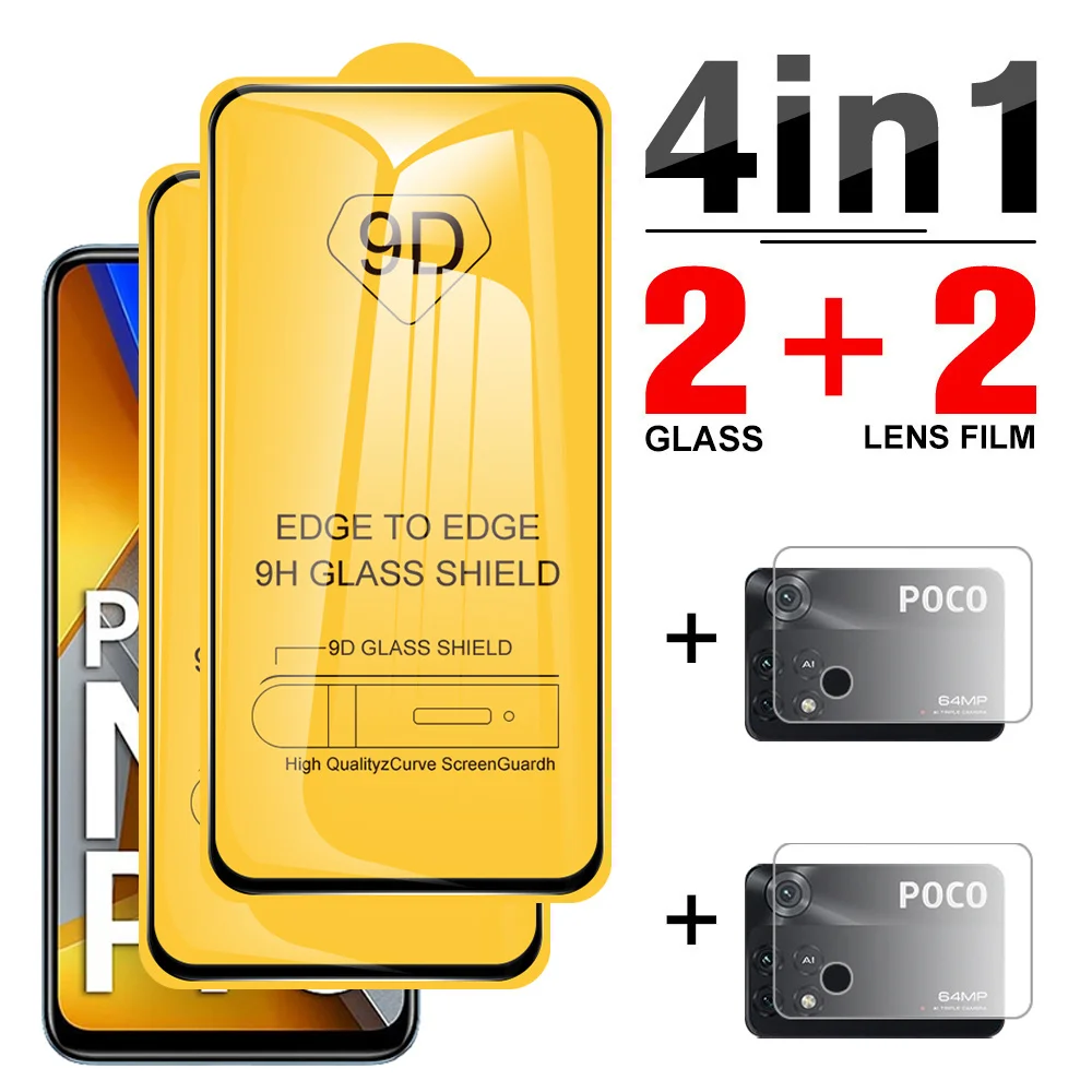 

4in1 9D Full Cover Tempered Glass Case For Xiaomi Poco M4 Pro 4G Screen Protector For Poco M4 M3 Pro 5G F3 Camera Protect Film