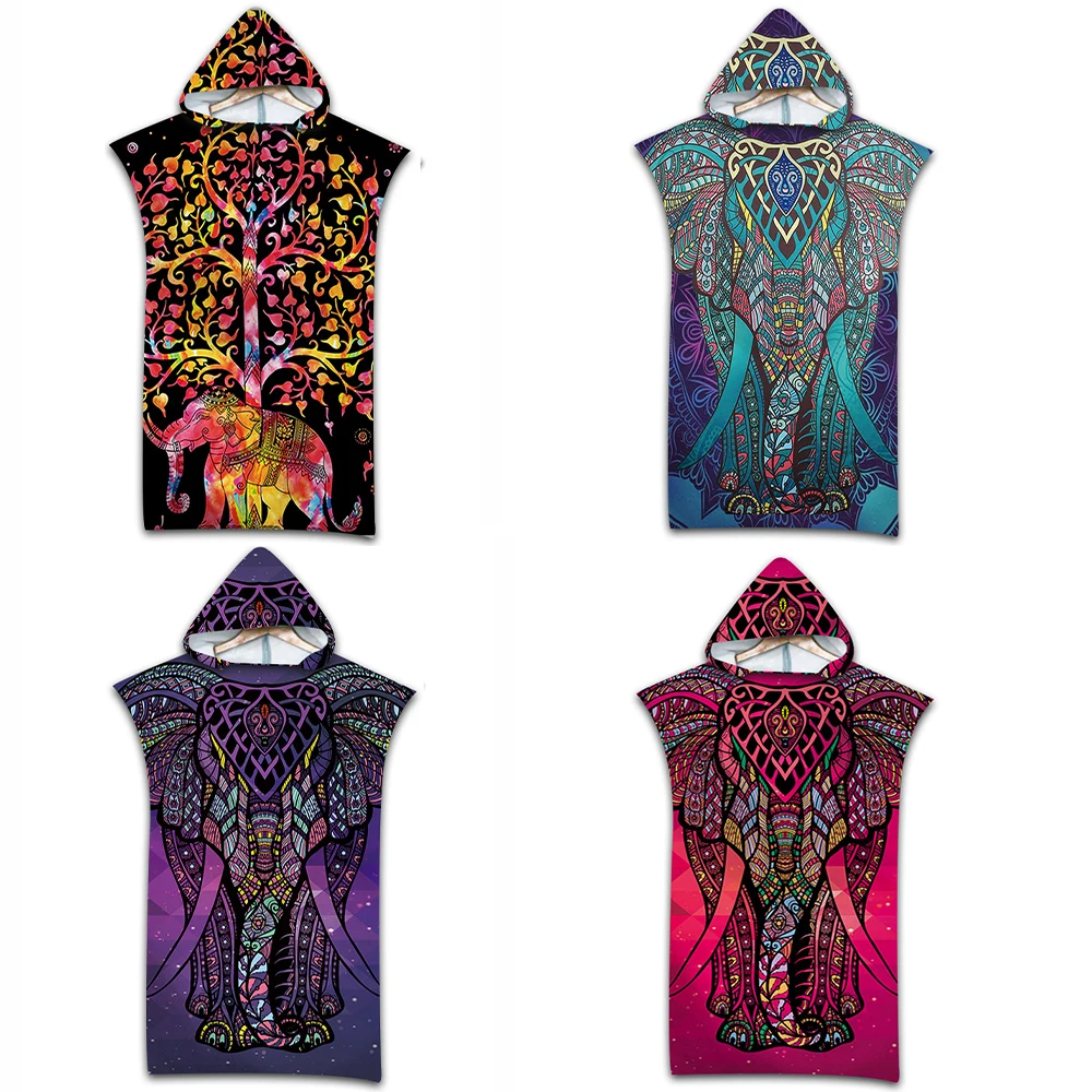 

Customizable Color Elephant Printed Microfiber Beach Towel Hooded Swimming Travel Bathrobe Poncho Adult Kid Surf Quick Dry Cloak