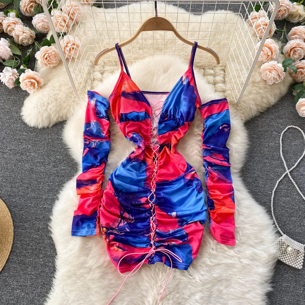 

Sexy Lace-up Bandage Mini Party Dress Dye-tie Print Low Cut V-neck Spaghetti Strap Cold Shoulder Long Sleeve Club Bodycon Dress
