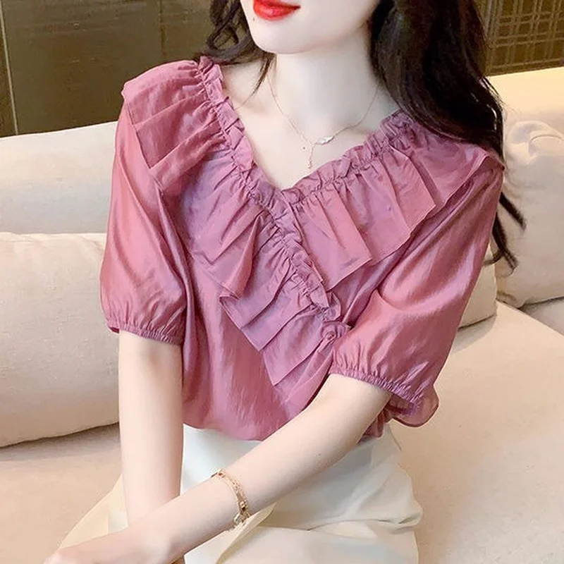 

Western pure color chiffon shirt 2022 Summer new foreign Vitamin V -neck ruffled splicing short -sleeved blouse female tops