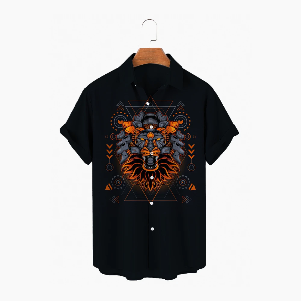 

Summer Men's Lion Short Sleeve Shirt Animal Print Patchwork Fashion Cool Lapel Street Style Hawaiian Beach Shirt New Short 2022