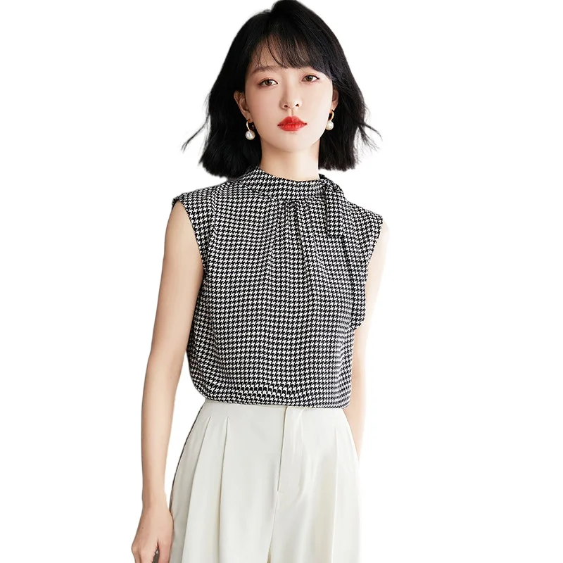 

Simgent Houndstooth Sleeveless Blouse Women Summer New Fashion 2022 Bow Elegant Shirts Top Woman Clothing Blusas SG2416