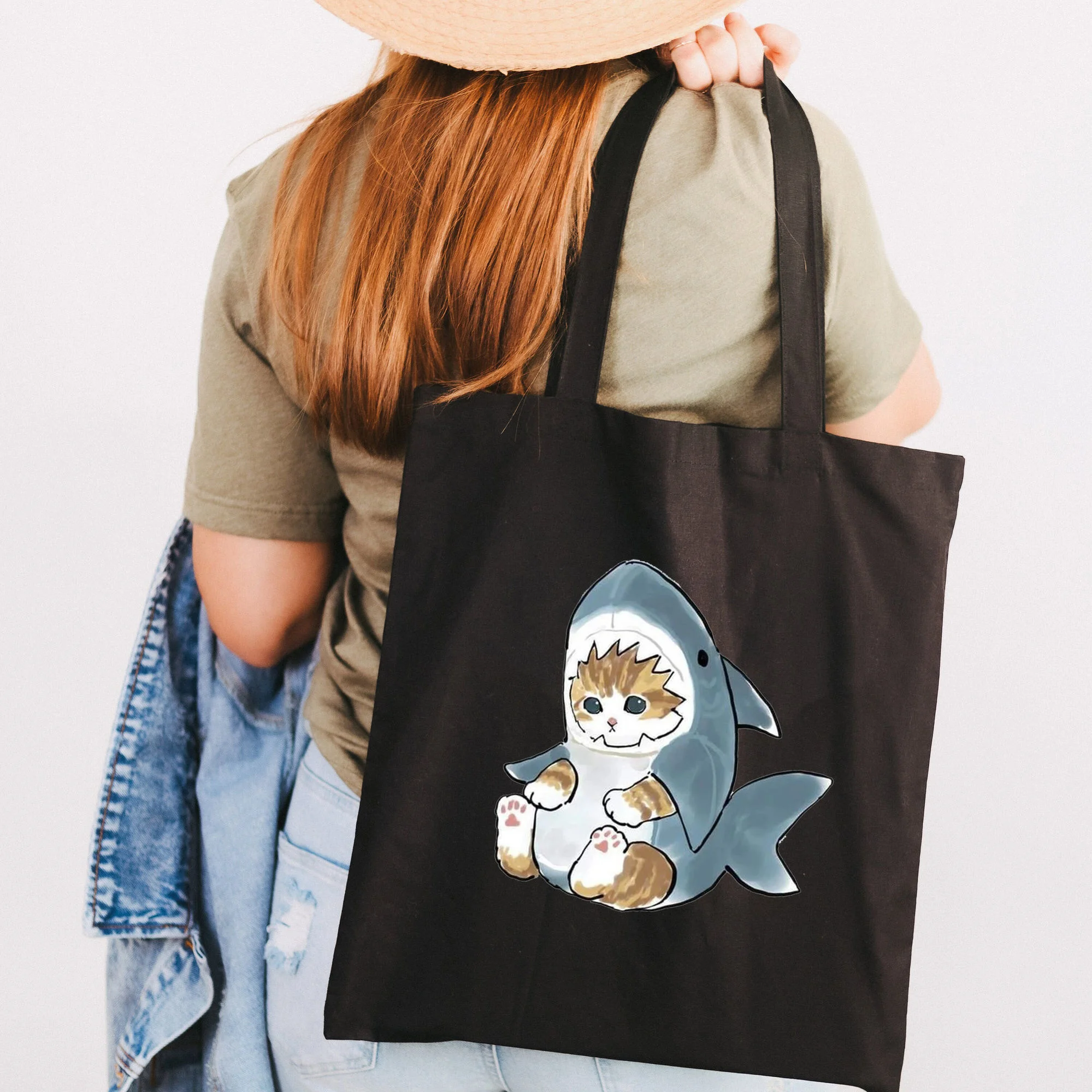 

Холщовые сумки для покупок для женщин, многоразовые тканевые мешки с кошкой, акулой, животными для девушек, для учеников и учебников, черные