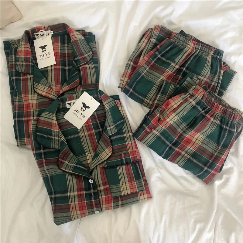 Green Plaid Women's Loose Pajama Suit Comfort Woman Men Sleepwear Cotton Spring Autumn Couple Homewear Female Christmas Nighwear