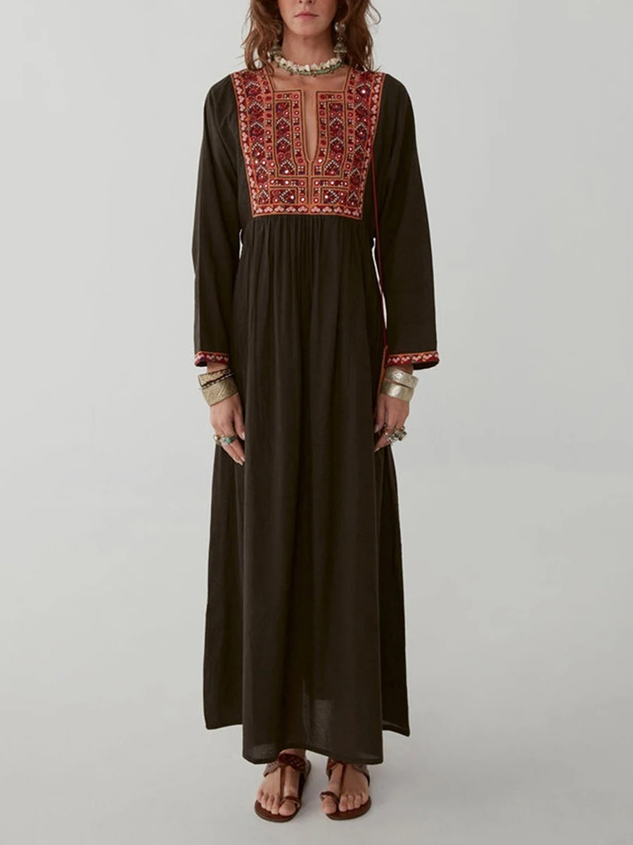 

New Fashion Women Long Sleeve Dress Casual Floral Embroidery Loose Party Dress For Beach Cocktail Club Streetwear Hot Sale
