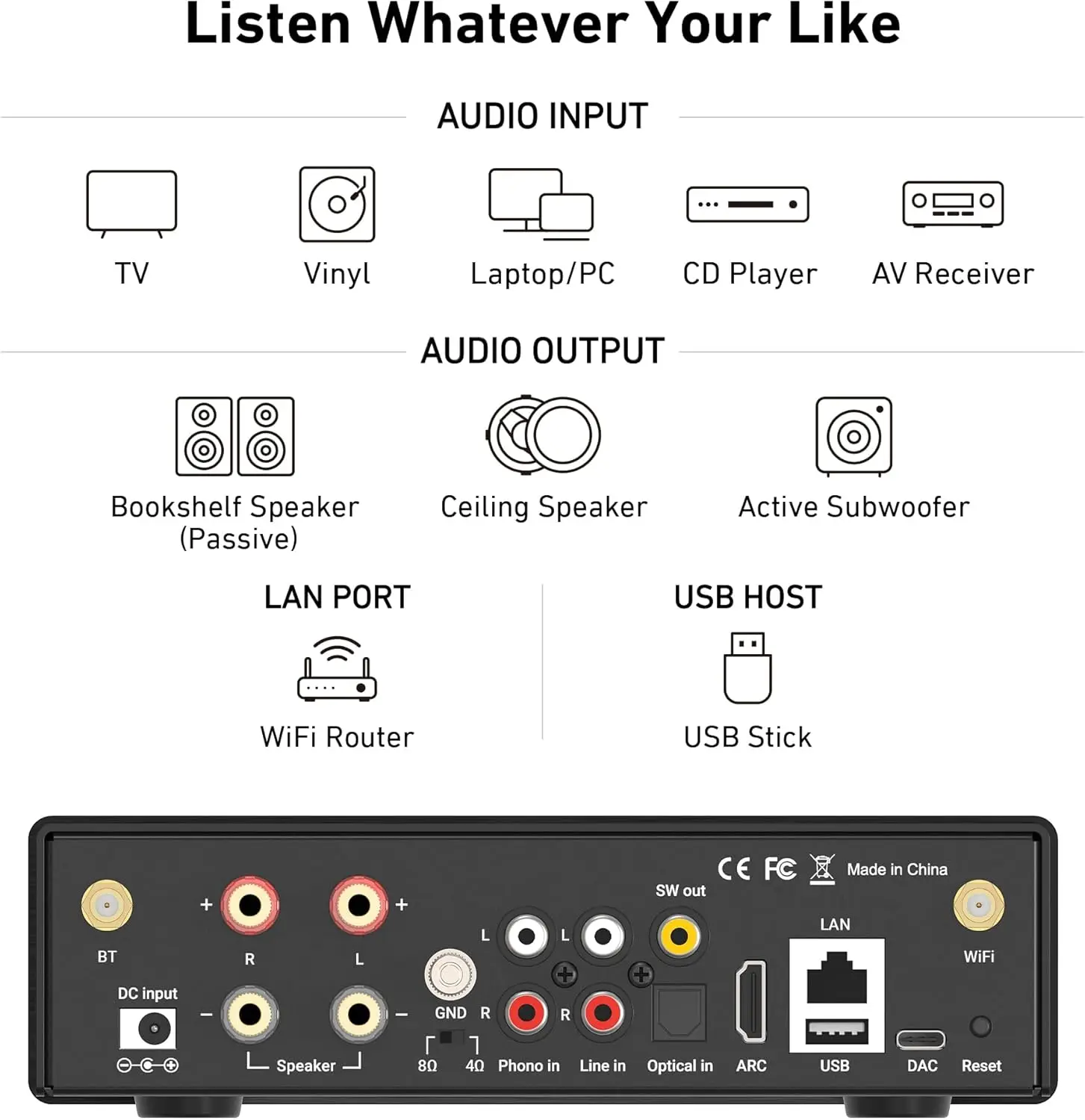 Фото Arylic H50 WiFi Bluetooth 5.2 HiFi усилитель мощностью 50 Вт×2 с поддержкой AirPlay 2, Spotify, Tidal Connect, HDMI ARC, Phono, USB, DAC, Multiroom №4