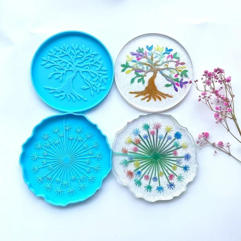 

Silicone Mold Dandelion Tree of Life Mirror Coaster Molds Glossy Silicone Mold for Agate Resin Coasters Cup Mats