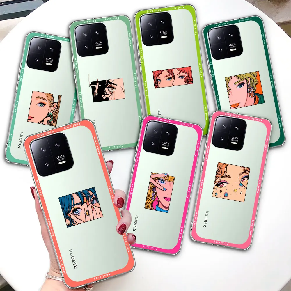 

Чехол для телефона Xiaomi Mi 13 12T 11 Ultra 12 11T 10T 9T Pro Note 10 9 A2 CC9 8 Lite, прозрачный ТПУ чехол с винтажными бровями для девушек