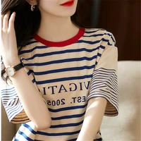 blue and white striped navy t shirt short sleeve t shirt pullover elegant chic leisure ladies tops summer 2022 new korea japan