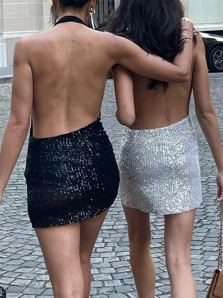 

CHRONSTYLE Women Sequined Sleeveless Off Shoulder Halter Dress Backless Deep V-neck Shiny Party Club Evening Dress Vestidos 2022