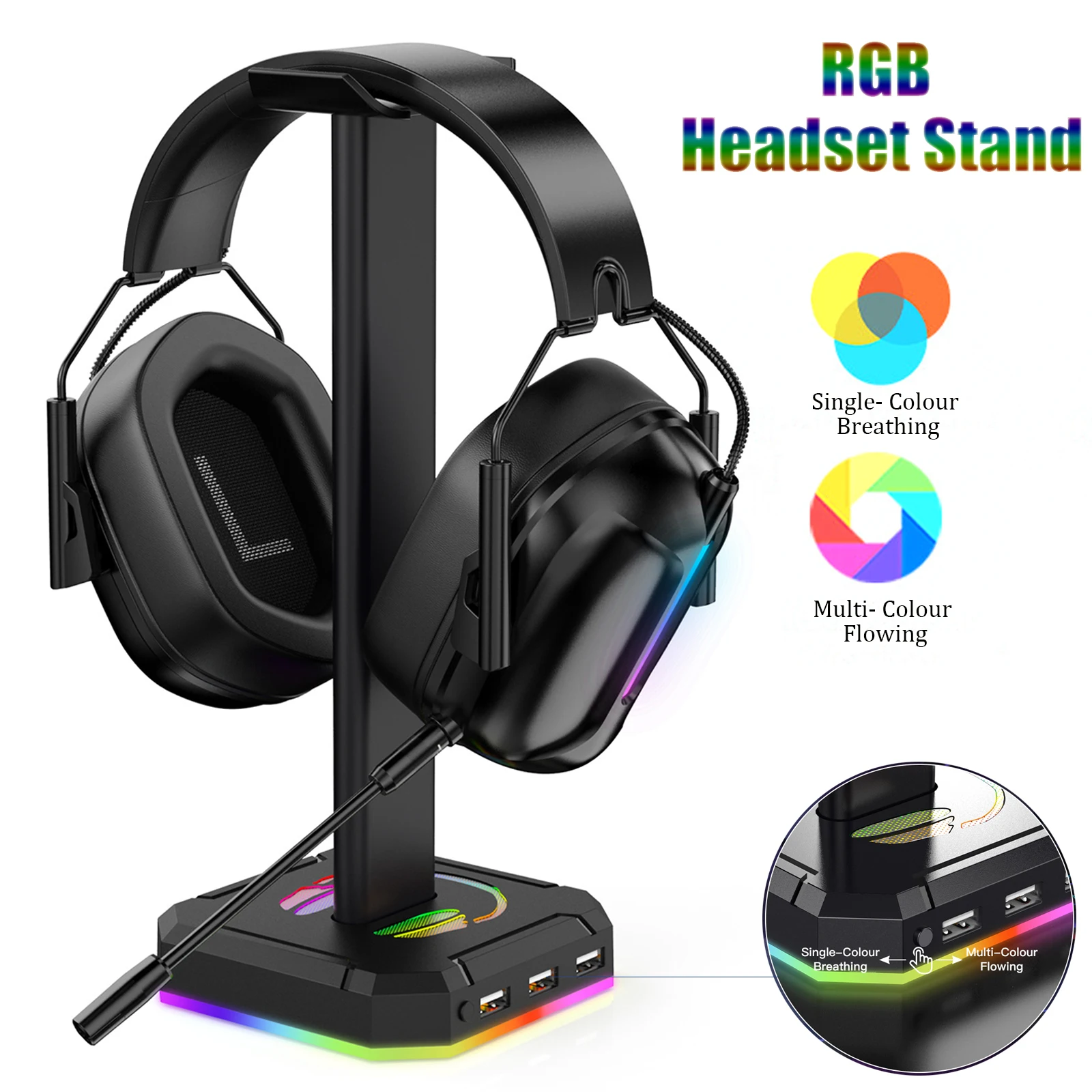 

RGB Headphones Stand Gaming Headset Holder Desktop Earphone Display Stand with 3 USB Ports for Gamers Gaming PC Accessories