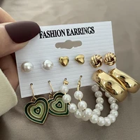 vintage green enamel love heart imitation pearl earrings set for women punk geometric circle acrylic drop earrings trend jewelry