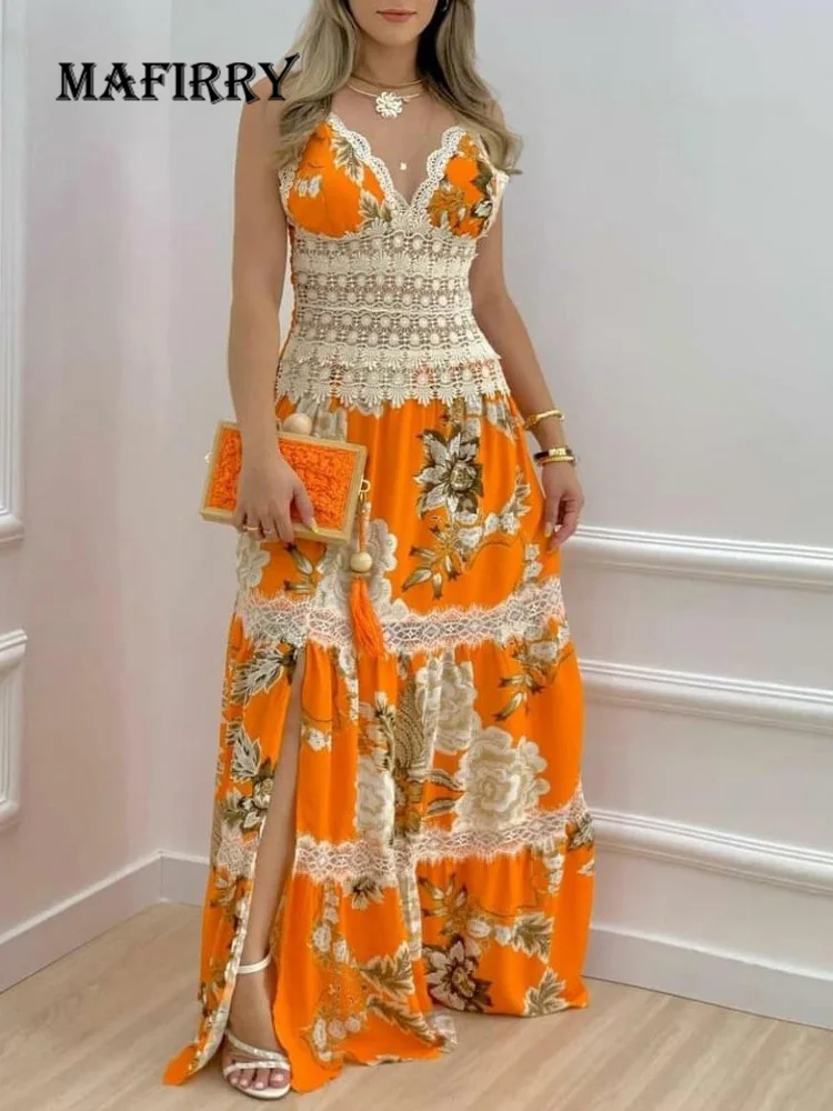 

2022 Sexy Women Summer Deep V-Neck Maxi Dress Printing Sleeveless Lace Ladies Party Dress Sweet Casual Princess Dress Vestidos