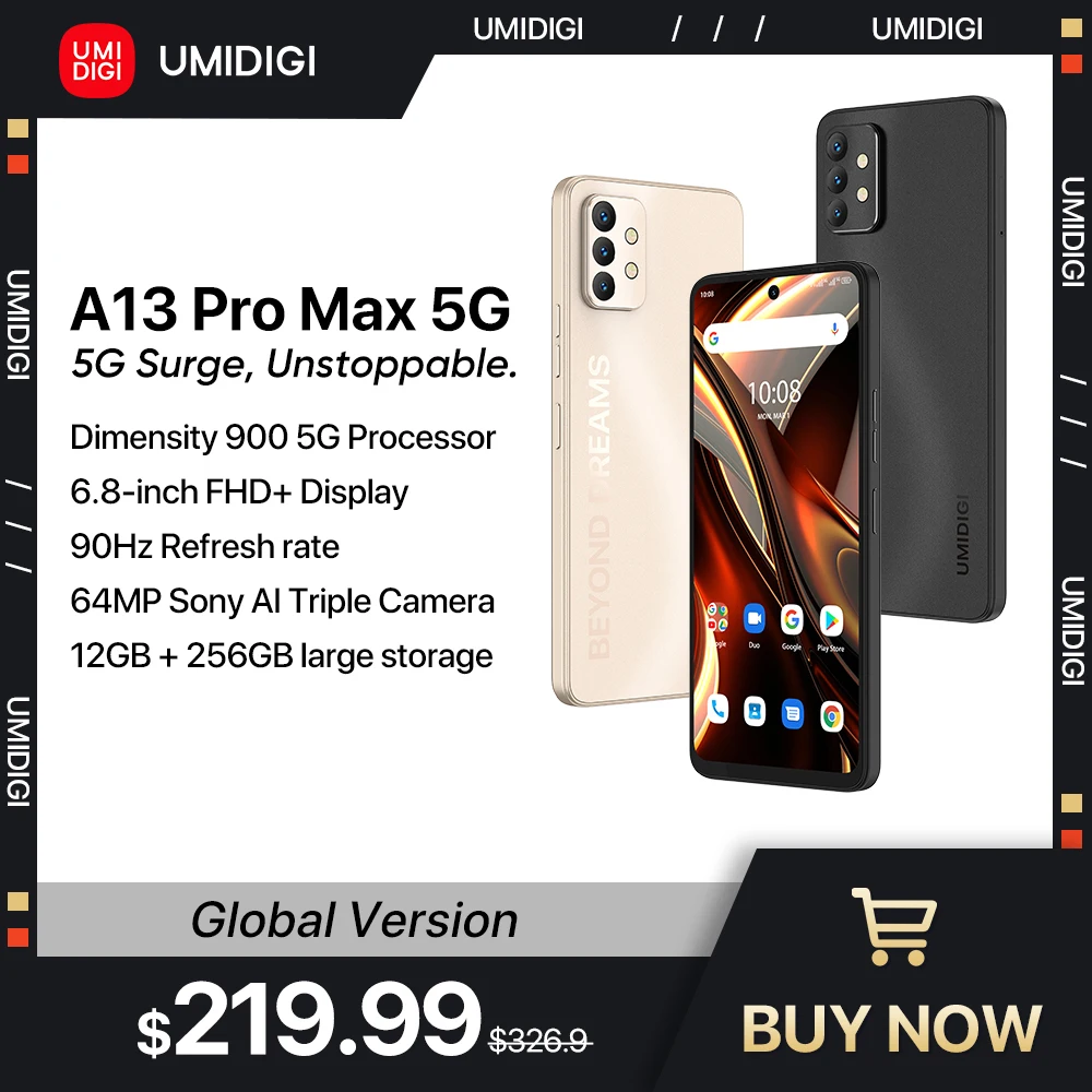 UMIDIGI A13 Pro Max 5G Smartphone,17GB RAM(12GB +5GB Extend RAM) 256GB ROM, Dimensity 900, 90Hz, 6.8'' FHD+, 64MP Triple Camera enlarge