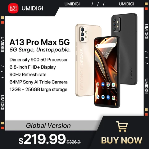 Смартфон UMIDIGI A13 Pro Max 5G, 17 ГБ ОЗУ (12 Гб + 5G B Extend RAM) 256 Гб ПЗУ, Dimensity 900, 90 Гц, 6,8 дюйма FHD +, тройная камера 64 мп