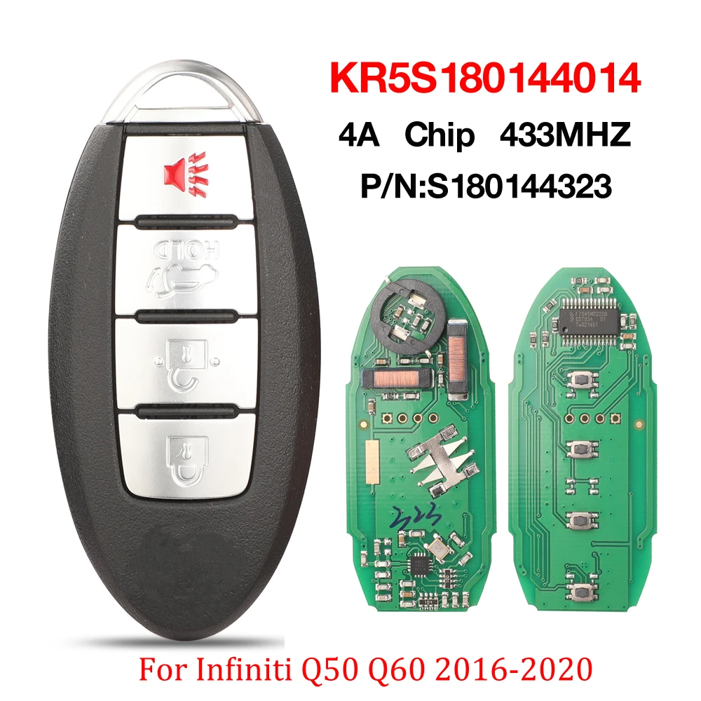 

jingyuqin 4 Buttons KR5S180144014 433Mhz 4A Chip Smart Remote Car Key For Infiniti Q50 Q60 2016 2017 2018 2019 2020 S180144323
