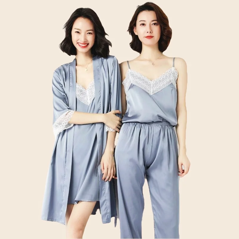 Women's Pajamas Set Full Sleeve Belt Robe Vest Shorts Pants Sexy Lace Print Pyjama V-Neck Homewear Cozy Fashion Sleepwear Set