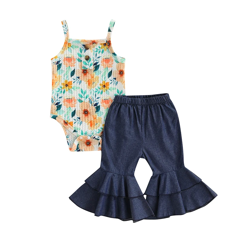 

Комплект одежды для маленьких девочек, комбинезон без рукавов с квадратным вырезом и цветочным принтом, штаны с эластичным поясом для новор...