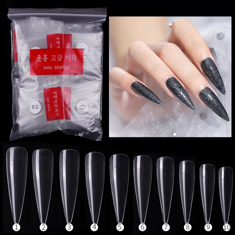 

500pcs Clear Long Half Cover Nail Tips Stiletto Fake Nails Art Sharp False Nails French Tips Manicure Artificial Nails Salon