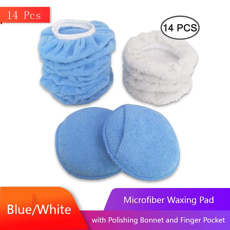 

14 Pcs Applicator Pad Car Polisher Pad Blue/White Waxing Pad and Microfiber Polishing Bonnet with Finger Pocket for Polishing