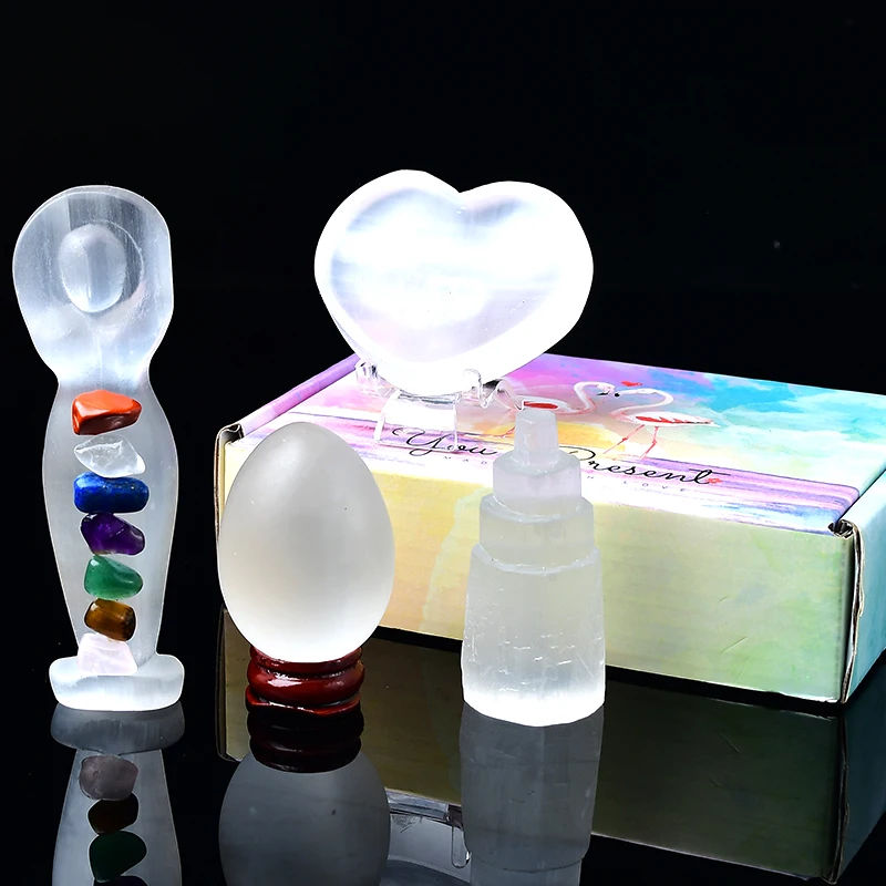 

Healing Chakra Natural Selenite Goddess Statue With Seven Chakras Gravel And Plaster Egg Heart Shaped Bowl Lamp Around Gifts Box