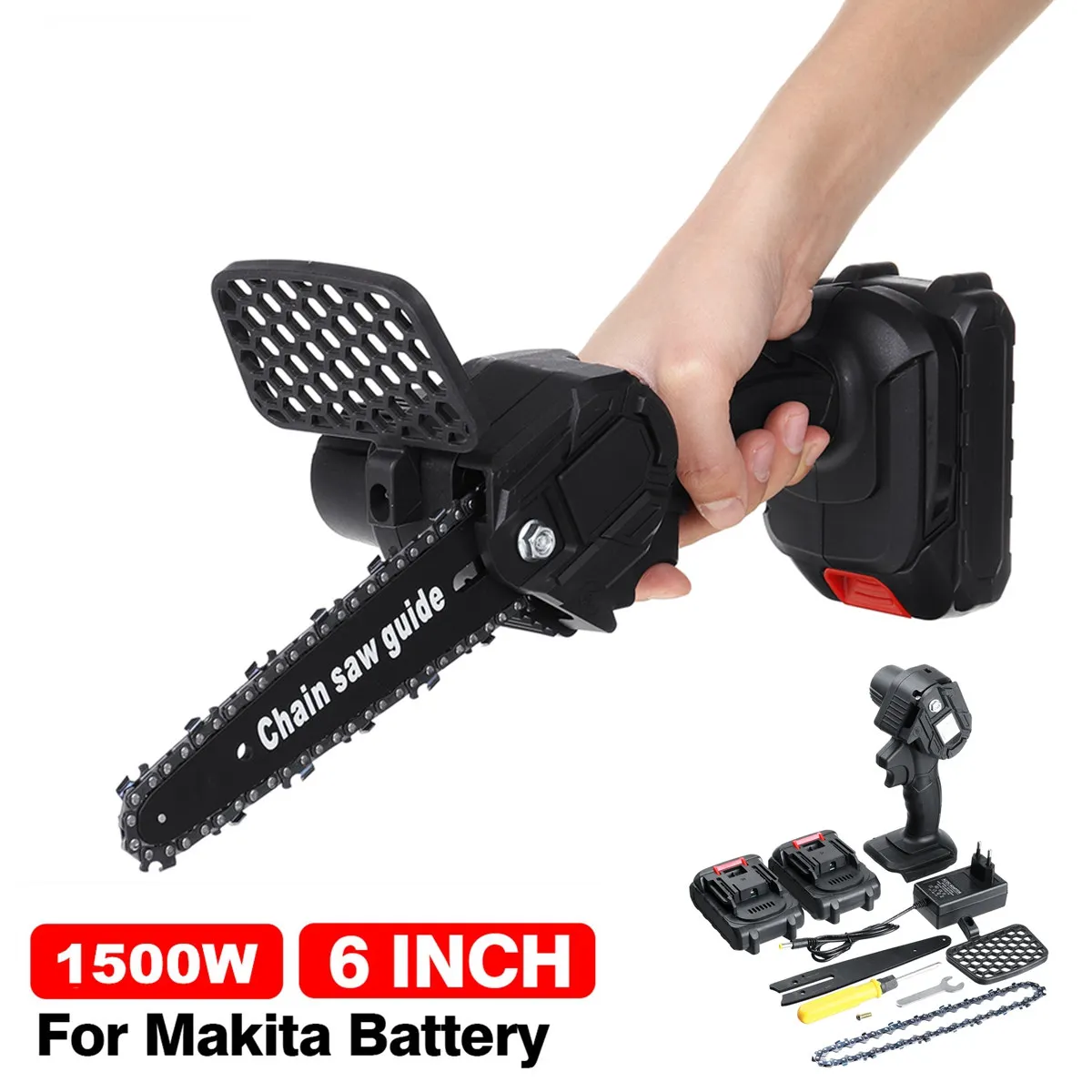 

Электрическая мини-цепная пила, 1500 Вт, 6 дюймов, 20 в, 2 аккумулятора, одна ручная пила, деревообрабатывающий инструмент для Makita, батарея 18 в, ев...