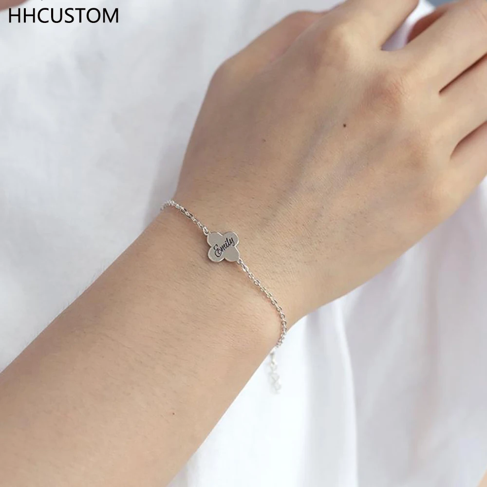 

HHCUSTOM Custom Clover Name Bracelet Personality Stainless Steel Nameplate Pendant Lucky For Woman Men Jewelry Anniversary Gift