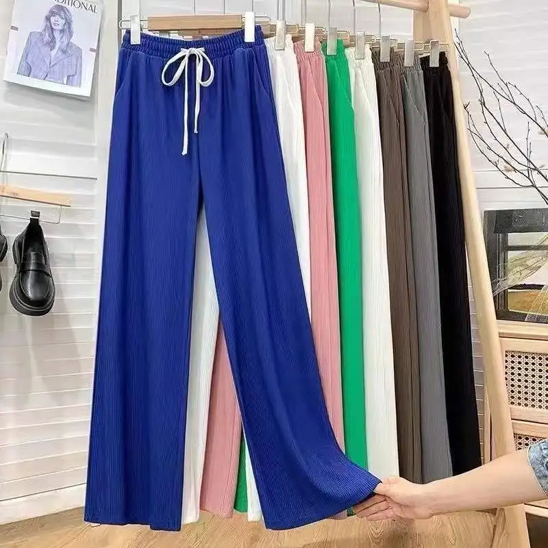 

2022 Summer Women New Fashion Loose Wide-leg Pants Female Thin Ice Silk Trousers Ladies High Waist Mopping Straight Pants T66