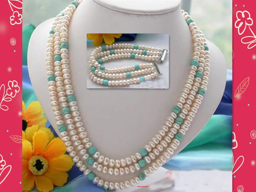 Favorite Pearl Jewelry,3Row 8mm Reondelle White Pearl Turquoise Bead Necklace Bracelet,Charming Wedding Birthday Women Gift