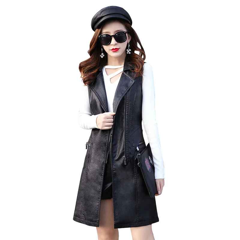 

2023 New Fashion PU s Slim Fit Casual Female Sleeveless Vest for Women Faux Leather
