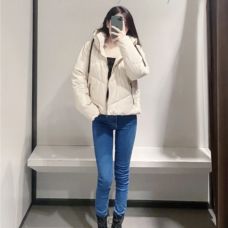 Black/Beige Oversized Warm Overcoat New Style Loose Hooded Coat Fashion Zipper Pocket PU Leather Winter Women Jacket Parkas