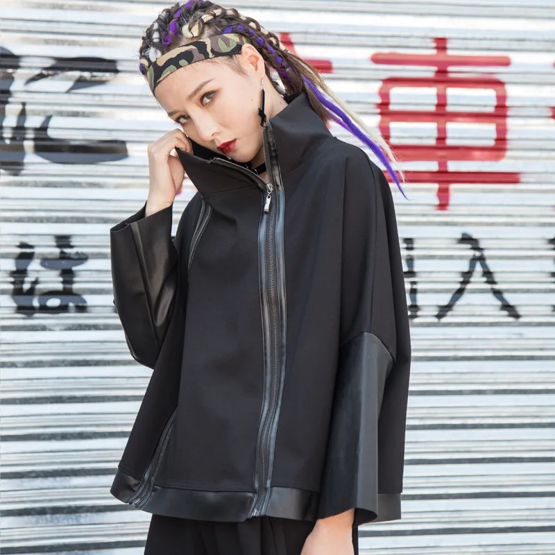 

SuperAen 2022 Autumn Winter New Double Zipper Personalized Loose Fashion Pu Patchwork Sweatshirt Women