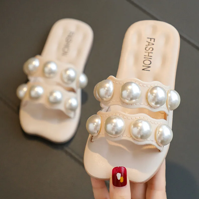 

Большие шлепанцы с жемчугом для девочек, милые Нескользящие летние пляжные тапочки принцессы на плоской подошве